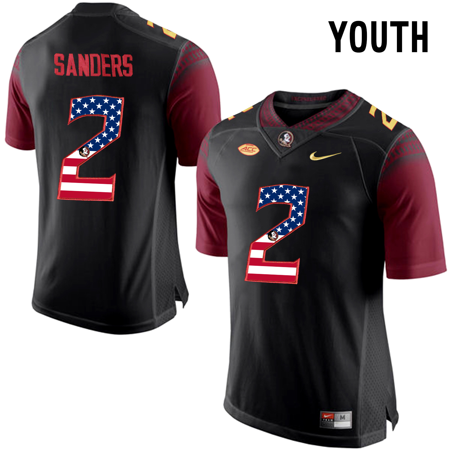 US Flag Fashion Youth Florida State Seminoles Deion Sanders #2 College Football Limited Jersey  Black->youth ncaa jersey->Youth Jersey
